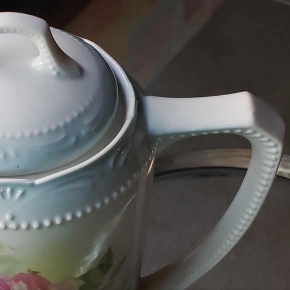 ANTIQUE GERMAN PORCELAIN CERAMIC PINK ROSES CHOCOLATE COFFEE TEA POT - Picture 9 of 14
